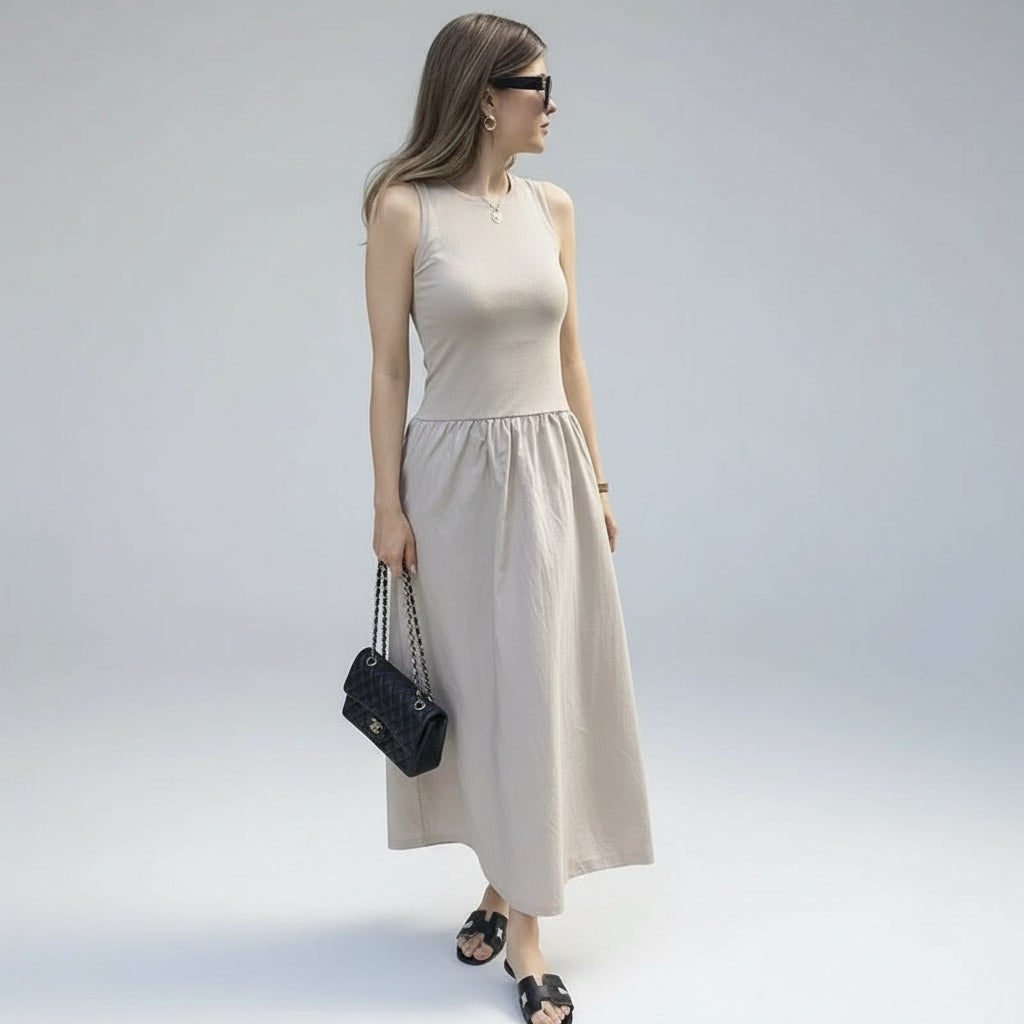 Vestido Longo Plissado em Tricot Preto para Festas Lenogue Bege / p