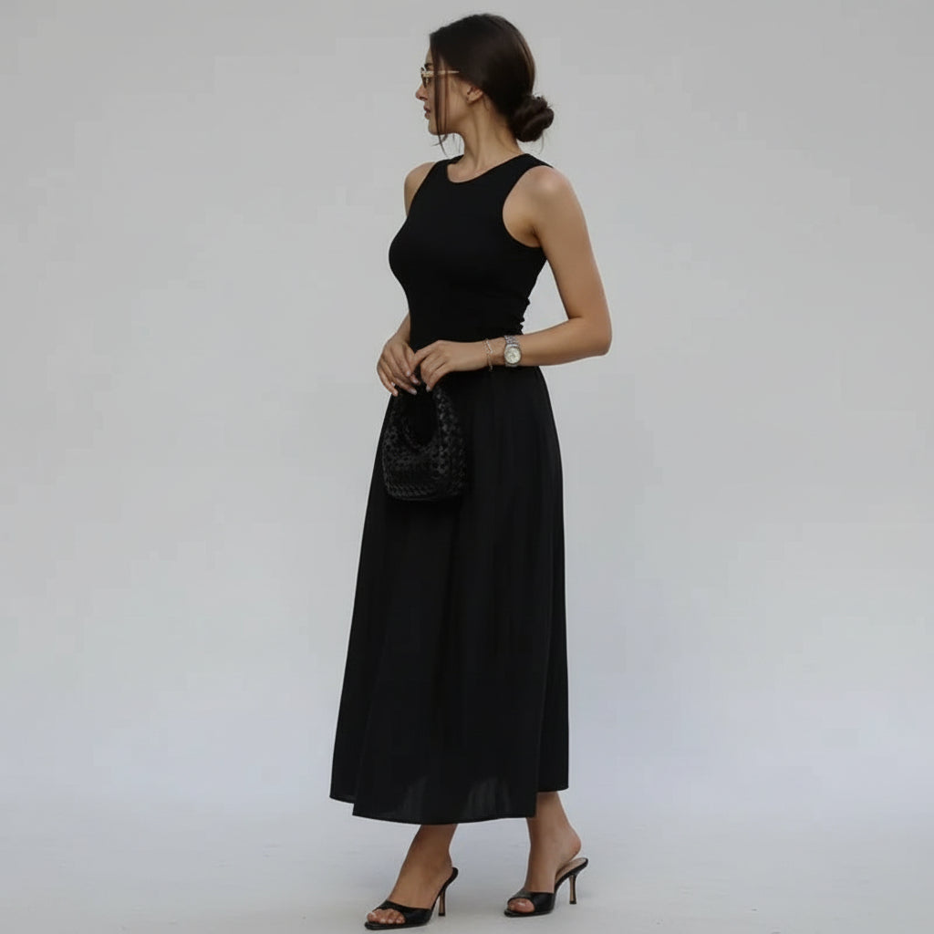 Vestido Longo Plissado em Tricot Preto para Festas Lenogue
