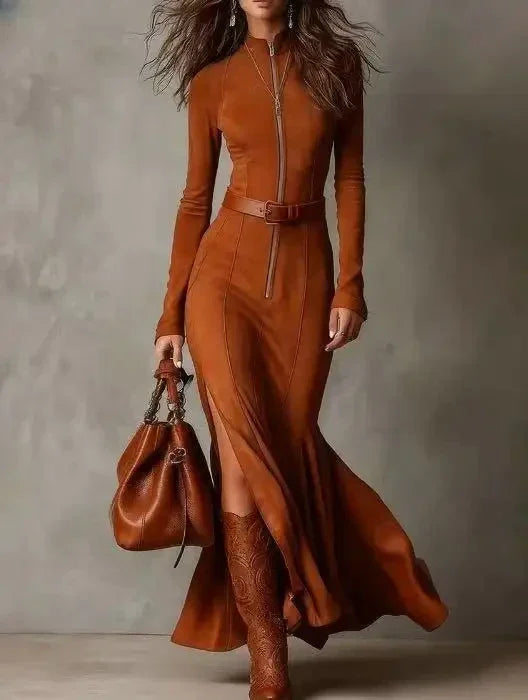 Vestido Longo Tricot Gola Redonda Zíper e Fenda Lenogue Laranja / Pp