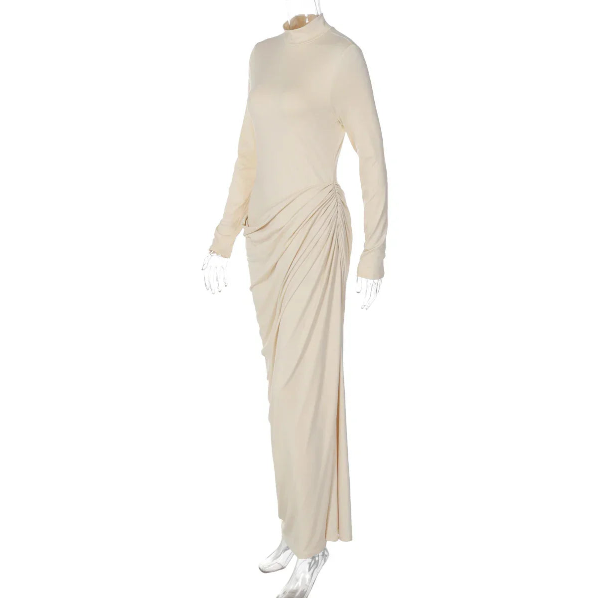 Vestido Longo Tubinho Gola Alta com Franzido Manga Longa Lenogue