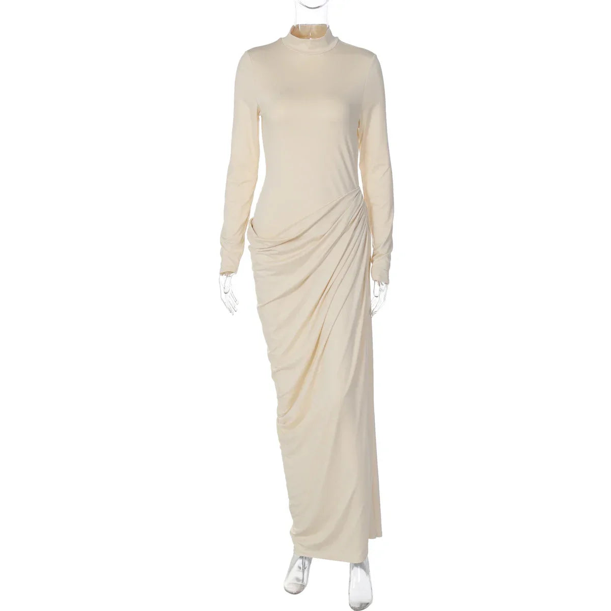 Vestido Longo Tubinho Gola Alta com Franzido Manga Longa Lenogue