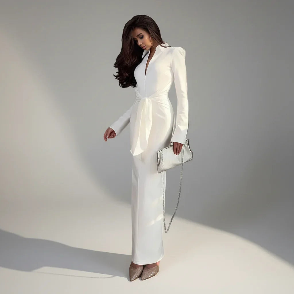 Vestido Longo Tubinho Gola Lapela Ombreiras com Zíper e Fenda Lenogue Branco / p