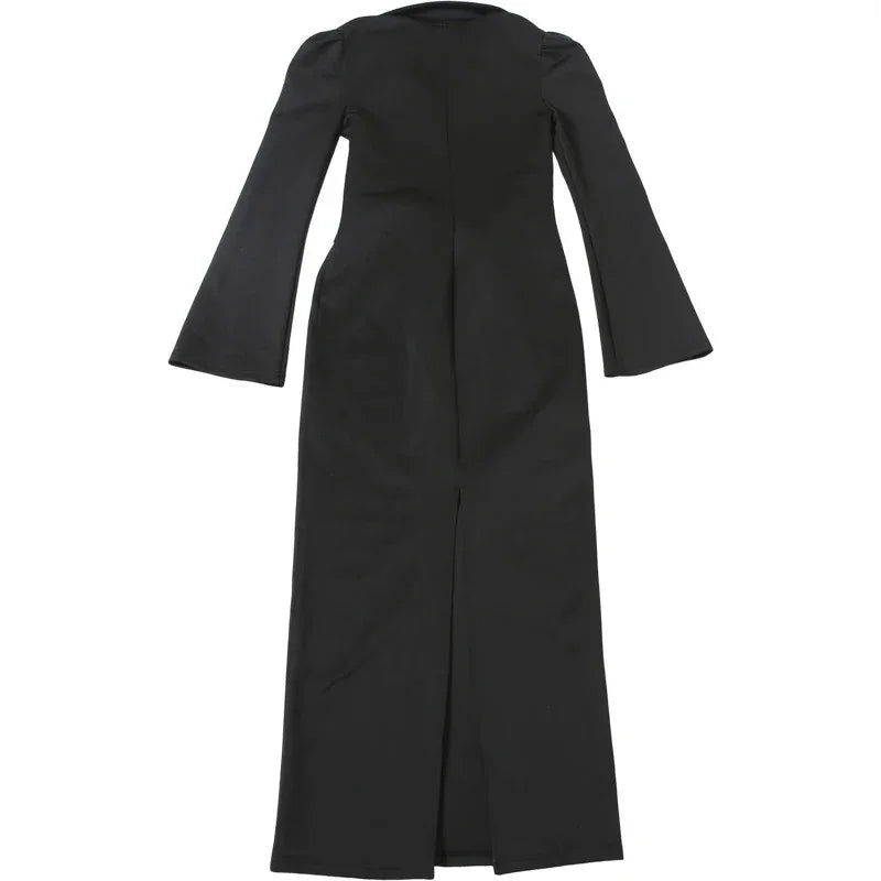 Vestido Longo Tubinho Gola Lapela Ombreiras com Zíper e Fenda Lenogue