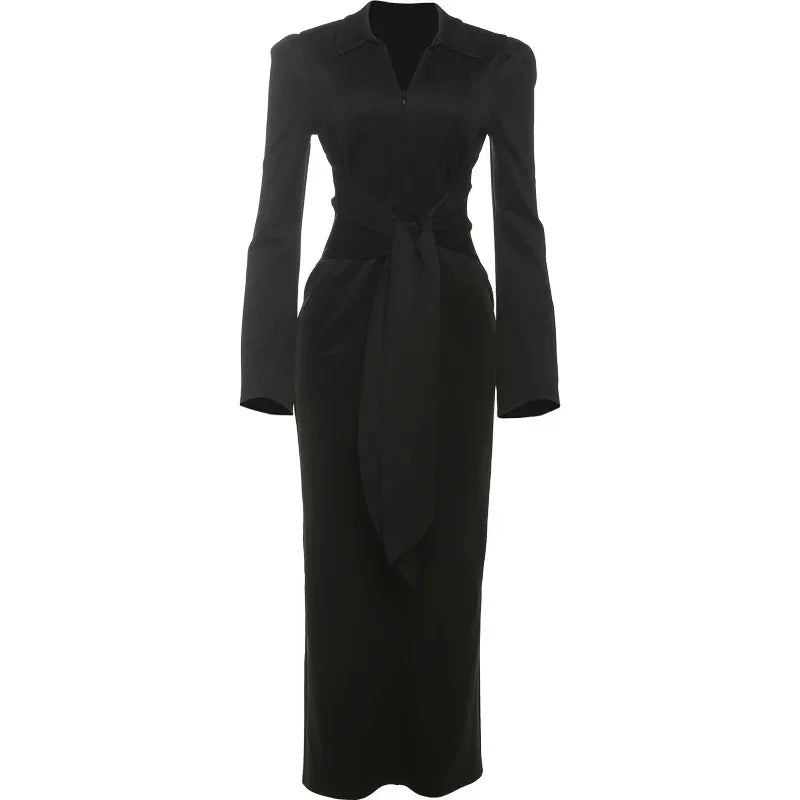 Vestido Longo Tubinho Gola Lapela Ombreiras com Zíper e Fenda Lenogue