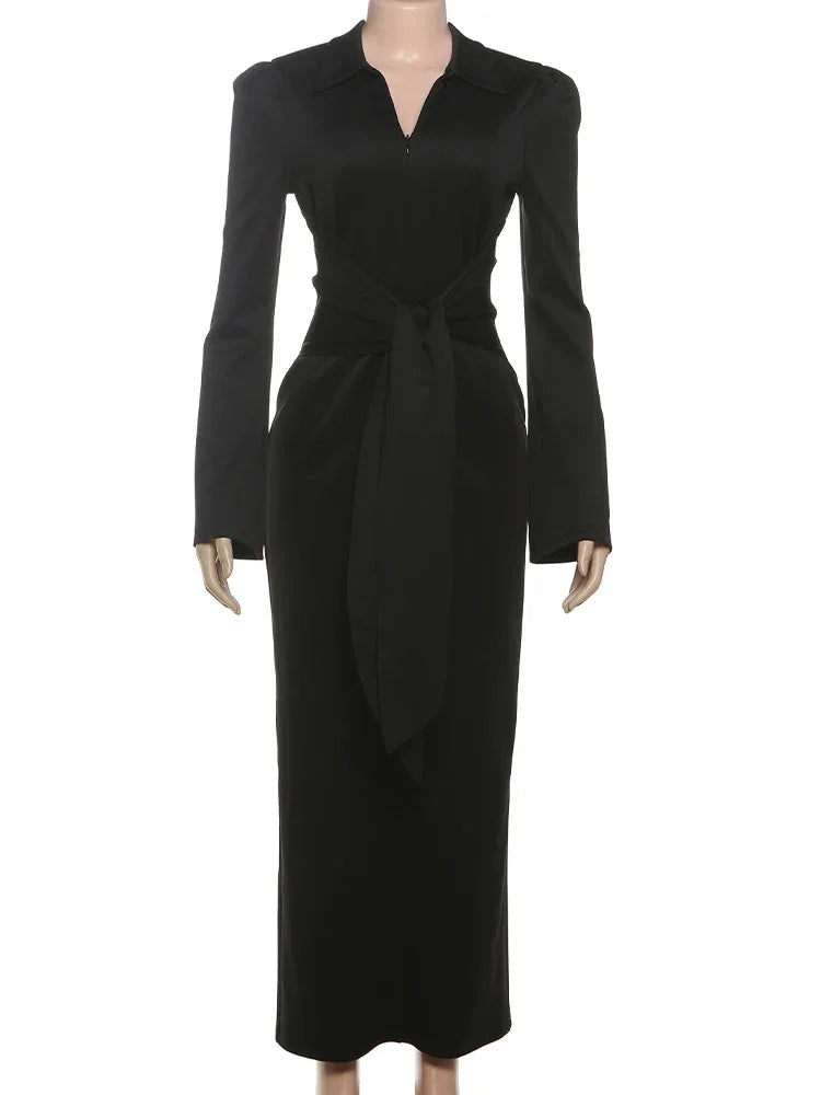 Vestido Longo Tubinho Gola Lapela Ombreiras com Zíper e Fenda Lenogue