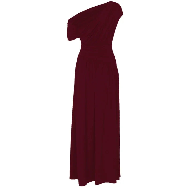 Vestido Longo um Ombro só com Franzido e Pregas Lenogue