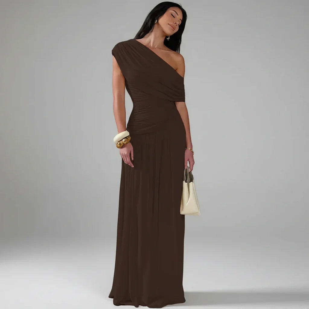 Vestido Longo um Ombro só com Franzido e Pregas Lenogue Marrom / Pp