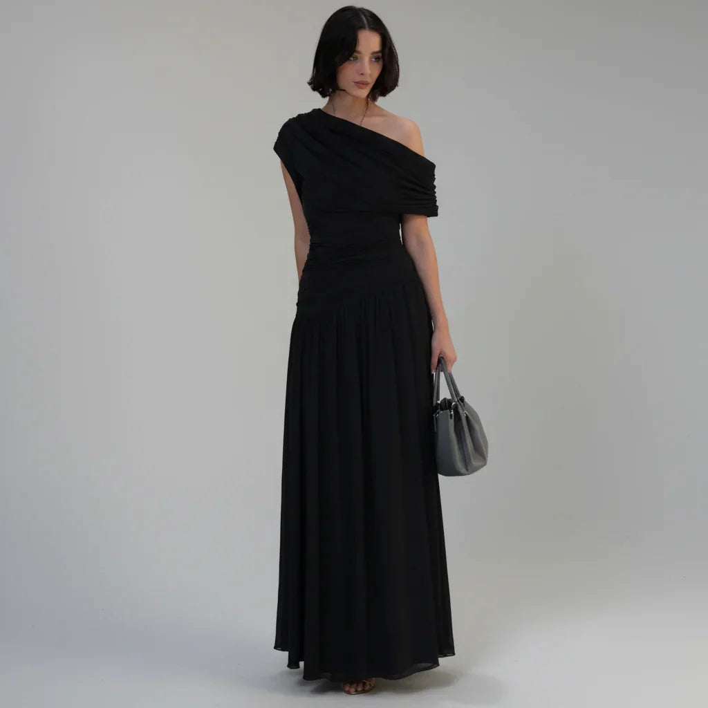 Vestido Longo um Ombro só com Franzido e Pregas Lenogue Preto / Pp