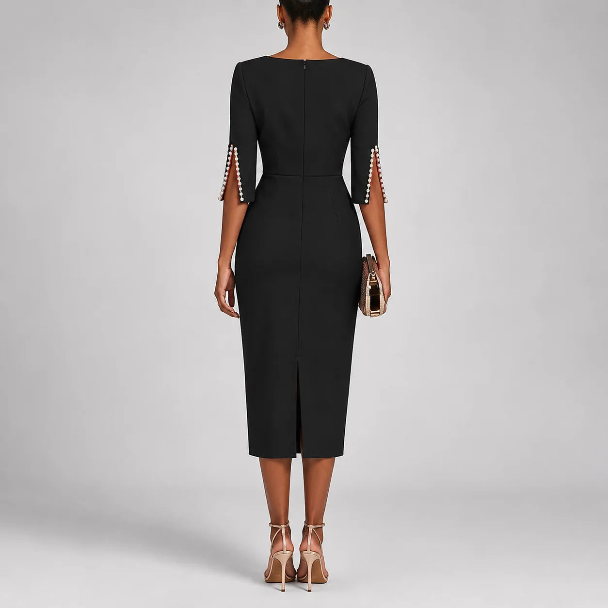Vestido Midi com Aplicações de Miçangas Slim Soirée Lenogue