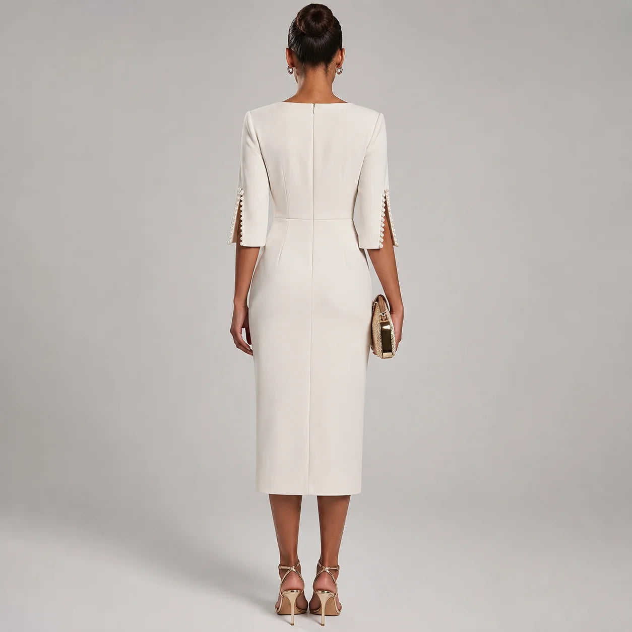 Vestido Midi com Aplicações de Miçangas Slim Soirée Lenogue