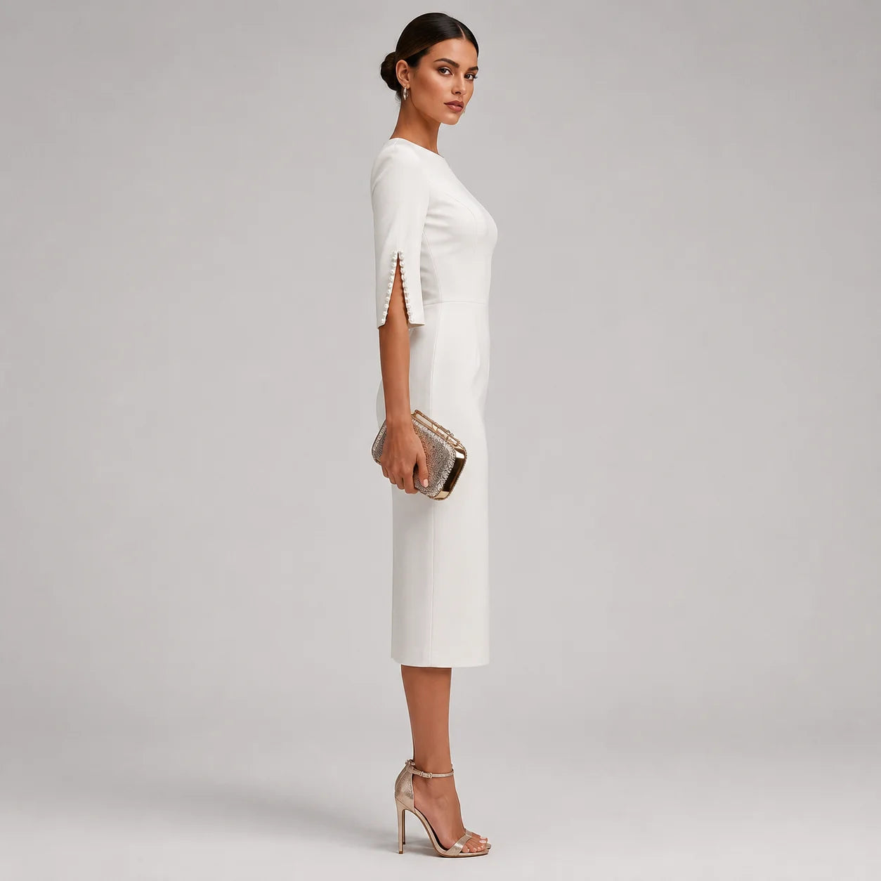 Vestido Midi com Aplicações de Miçangas Slim Soirée Lenogue