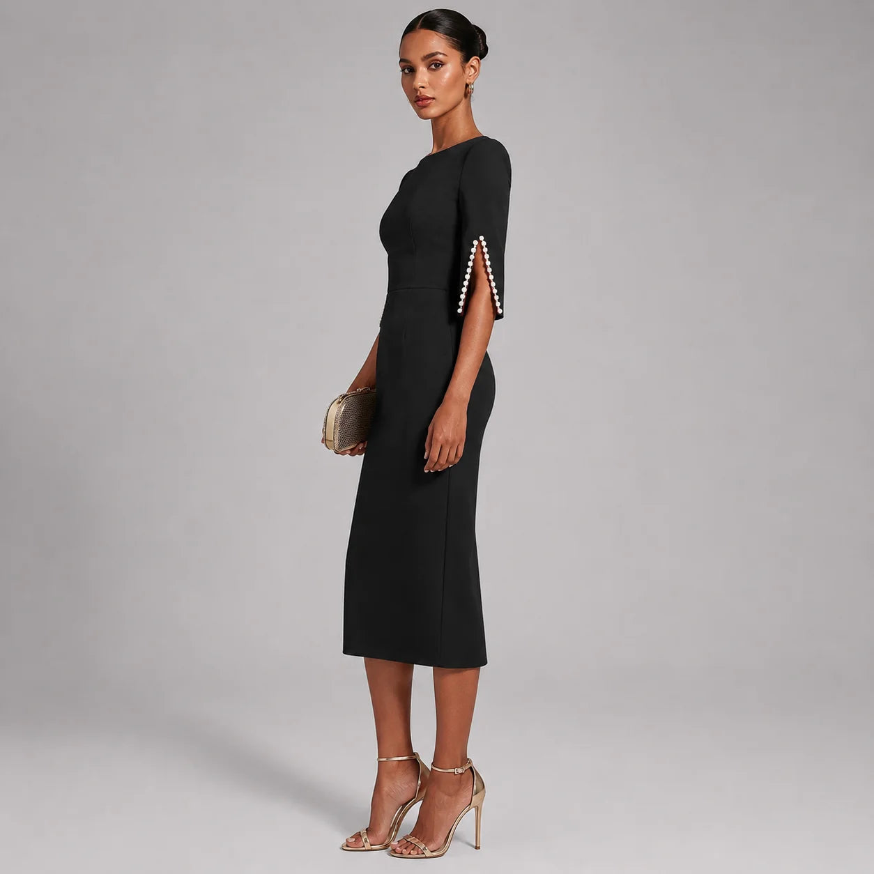 Vestido Midi com Aplicações de Miçangas Slim Soirée Lenogue