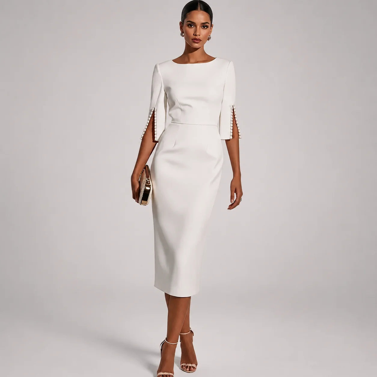Vestido Midi com Aplicações de Miçangas Slim Soirée Lenogue Branco / p