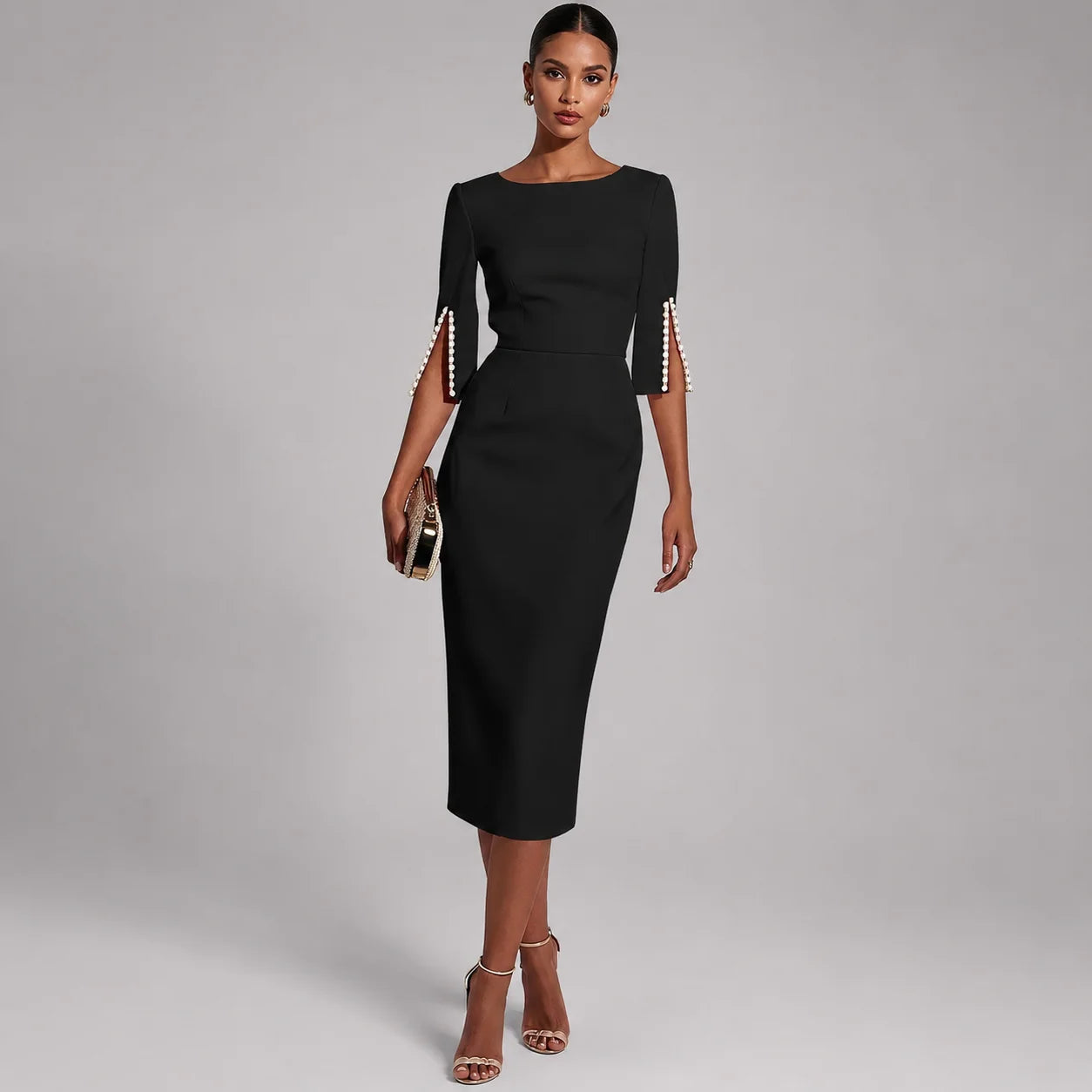 Vestido Midi com Aplicações de Miçangas Slim Soirée Lenogue Preto / p