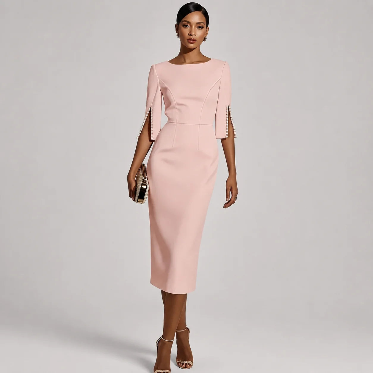 Vestido Midi com Aplicações de Miçangas Slim Soirée Lenogue Rosa / p