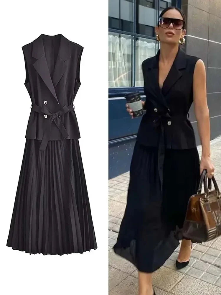 Vestido Midi com Corset Plissado para Eventos e Festas Lenogue