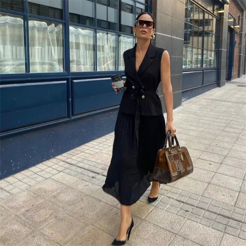 Vestido Midi com Corset Plissado para Eventos e Festas Lenogue Preto / p