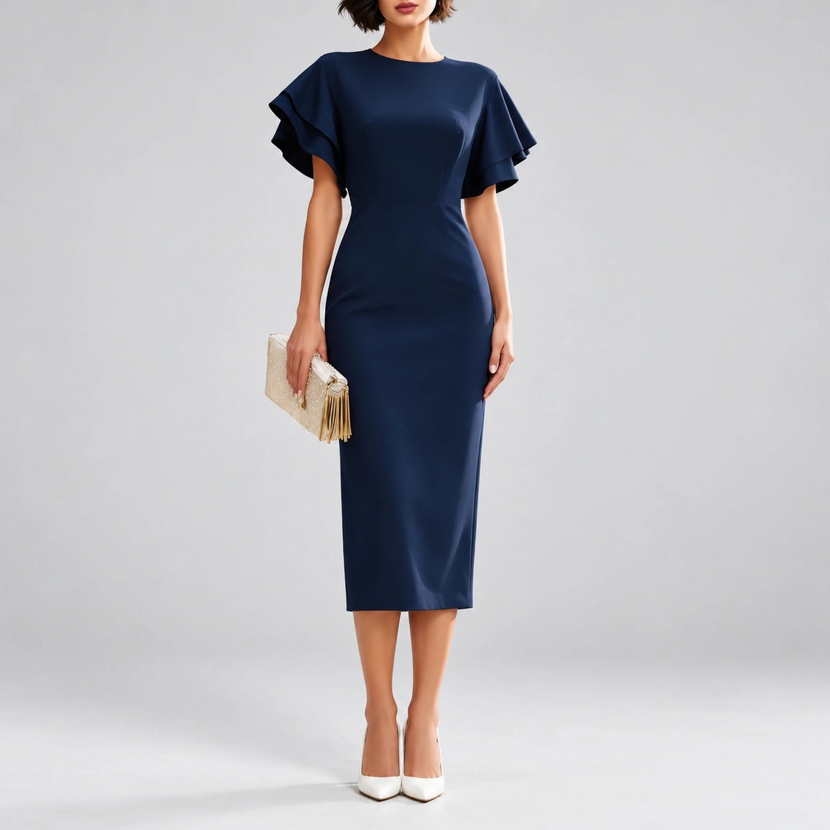 Vestido Midi com Manga Bufante e Gola Luxe Lenogue
