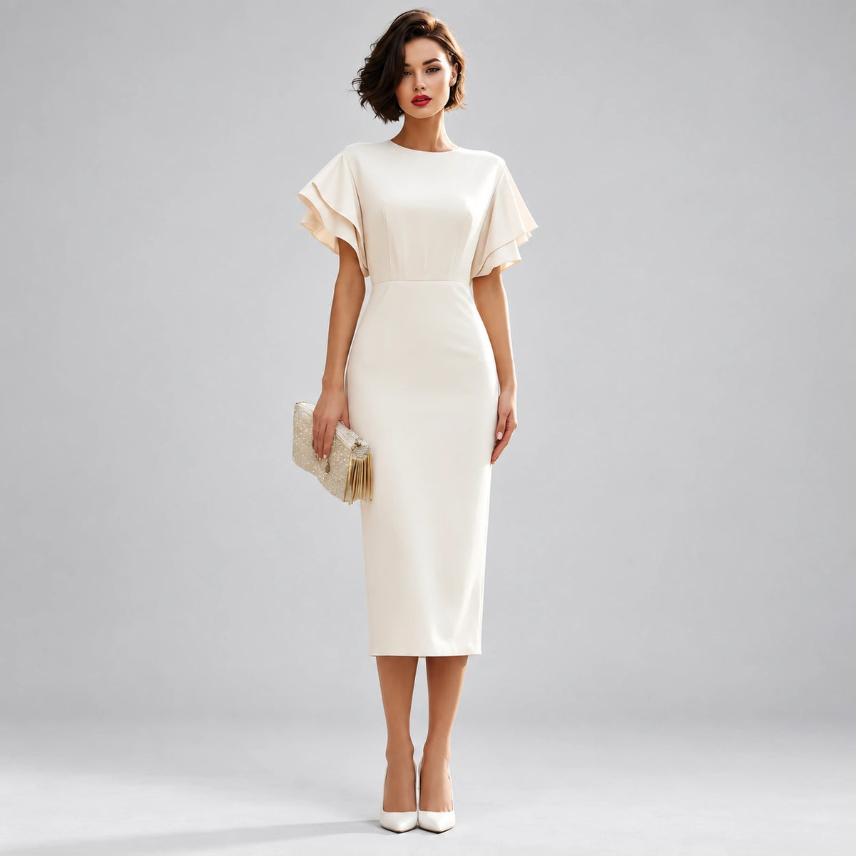 Vestido Midi com Manga Bufante e Gola Luxe Lenogue