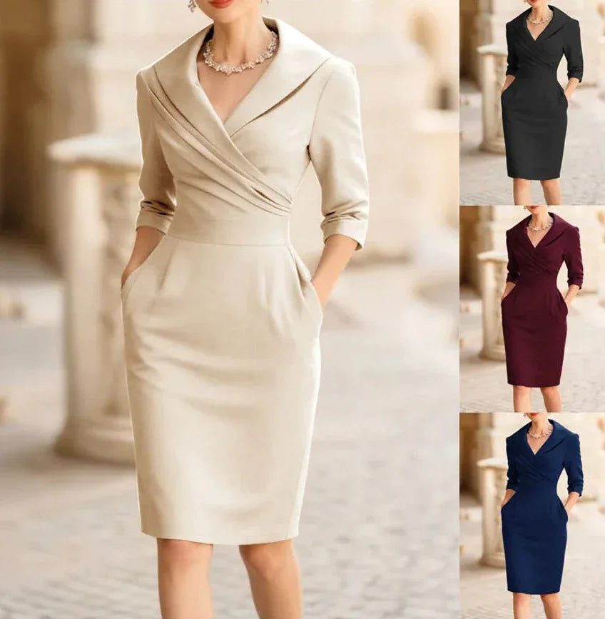 Vestido Midi de Gola Lapela Modelagem Slim Lenogue