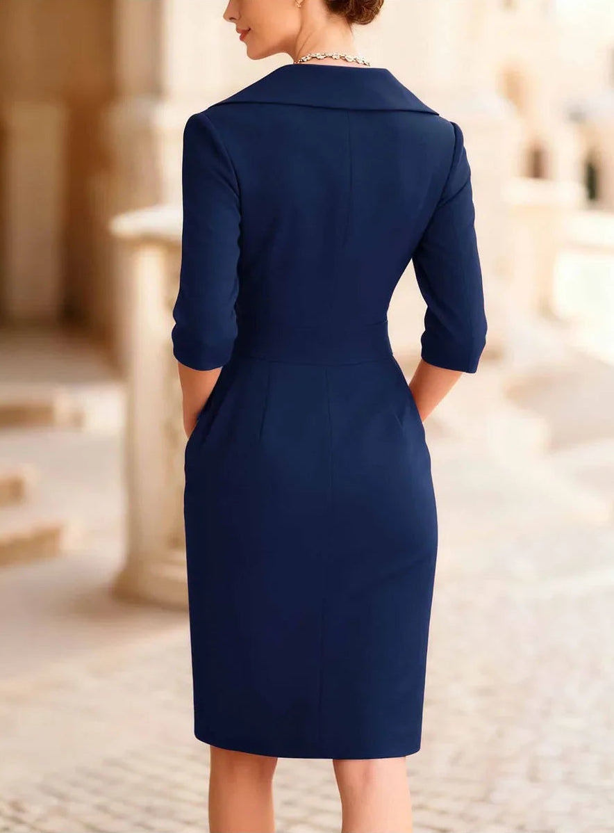 Vestido Midi de Gola Lapela Modelagem Slim Lenogue