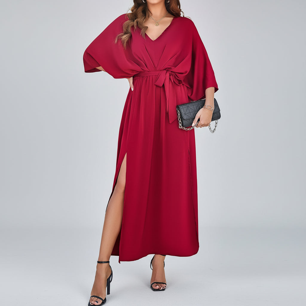 Vestido Midi de Malha com Elastano Decote v Manga Morcego Lenogue Vermelho / p