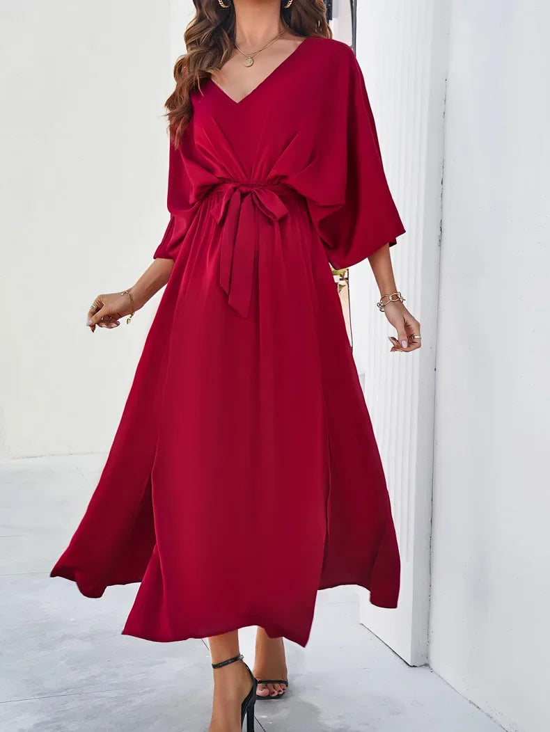 Vestido Midi de Malha com Elastano Decote v Manga Morcego Lenogue