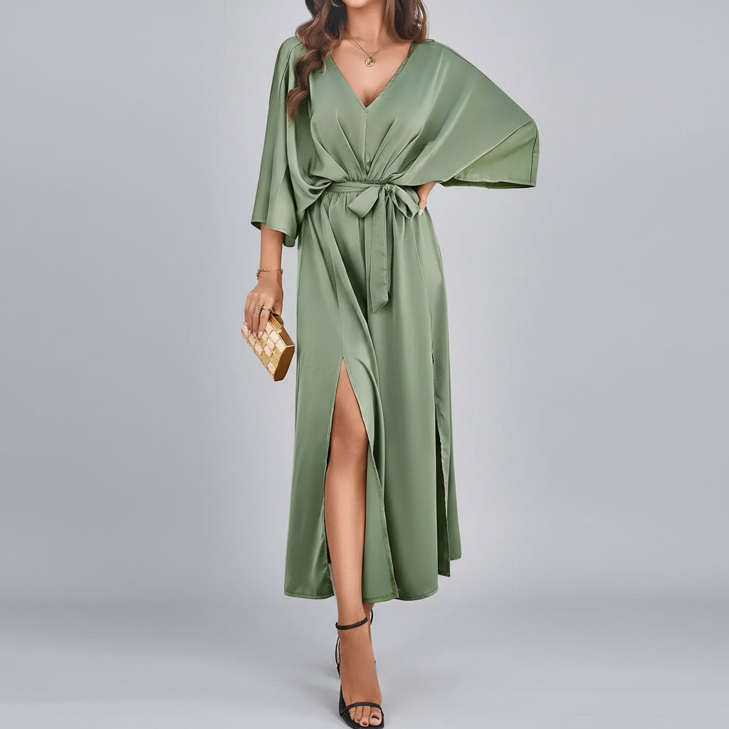 Vestido Midi de Malha com Elastano Decote v Manga Morcego Lenogue Verde / p