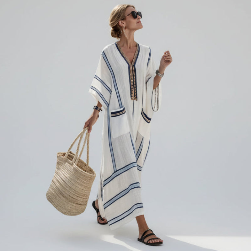 Vestido Midi de Malha com Estampa Listrada Lenogue Branco / p