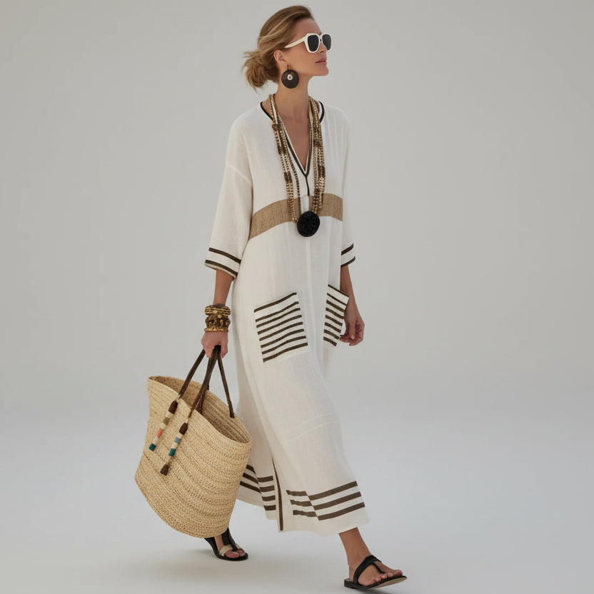 Vestido Midi de Malha com Estampa Listrada Lenogue Bege / p