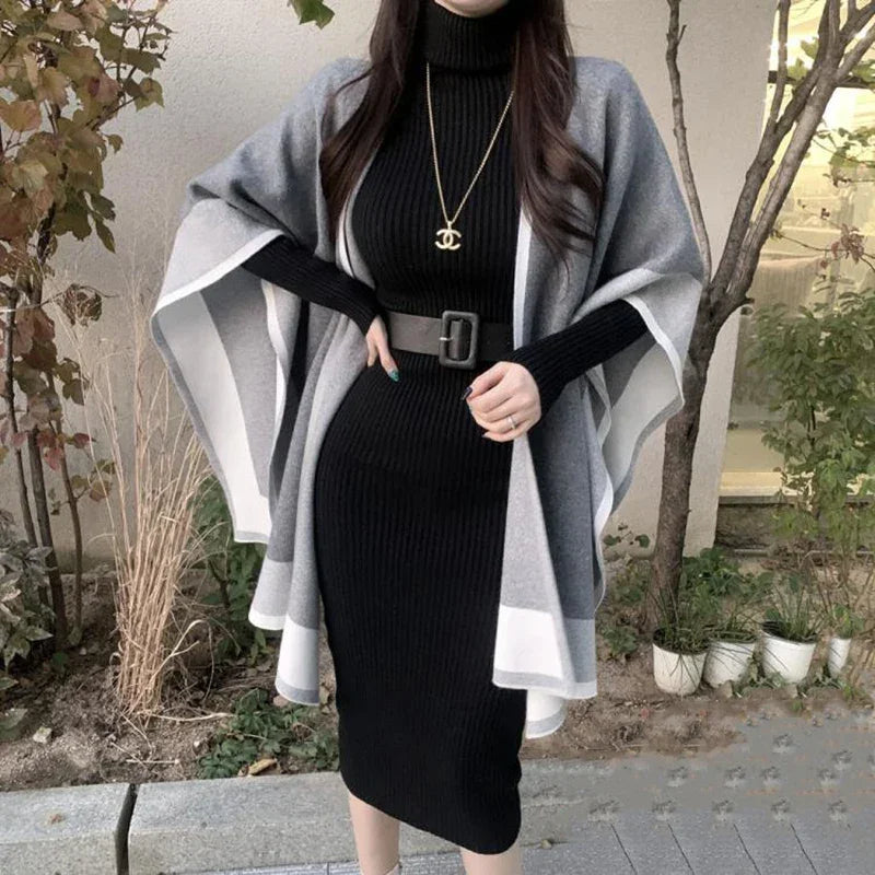 Vestido Midi de Tricot Gola Alta com Cinto Bodycon Raffiné Lenogue