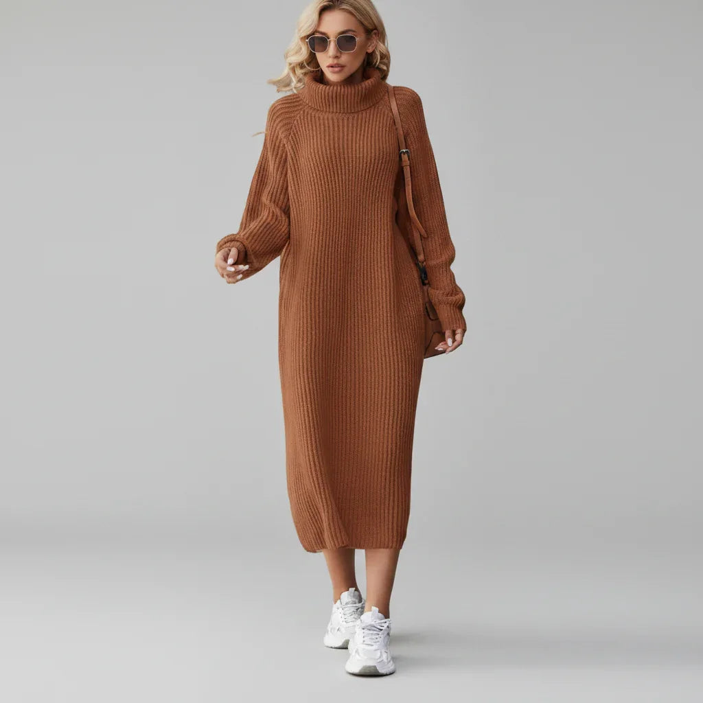 Vestido Midi de Tricot Gola Alta com Manga Longa Solto Allure Lenogue Caramelo / Pp