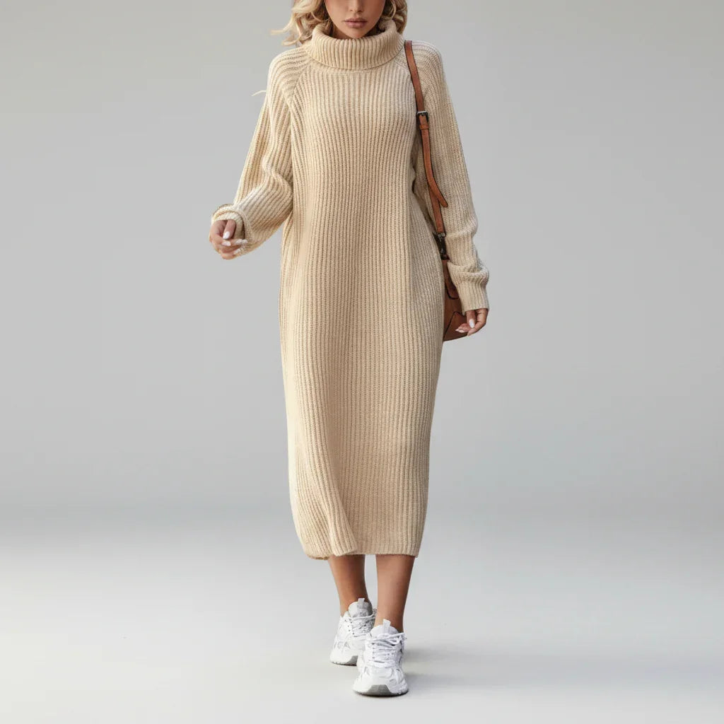 Vestido Midi de Tricot Gola Alta com Manga Longa Solto Allure Lenogue Bege / Pp