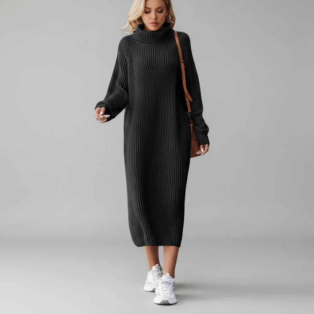 Vestido Midi de Tricot Gola Alta com Manga Longa Solto Allure Lenogue Preto / Pp