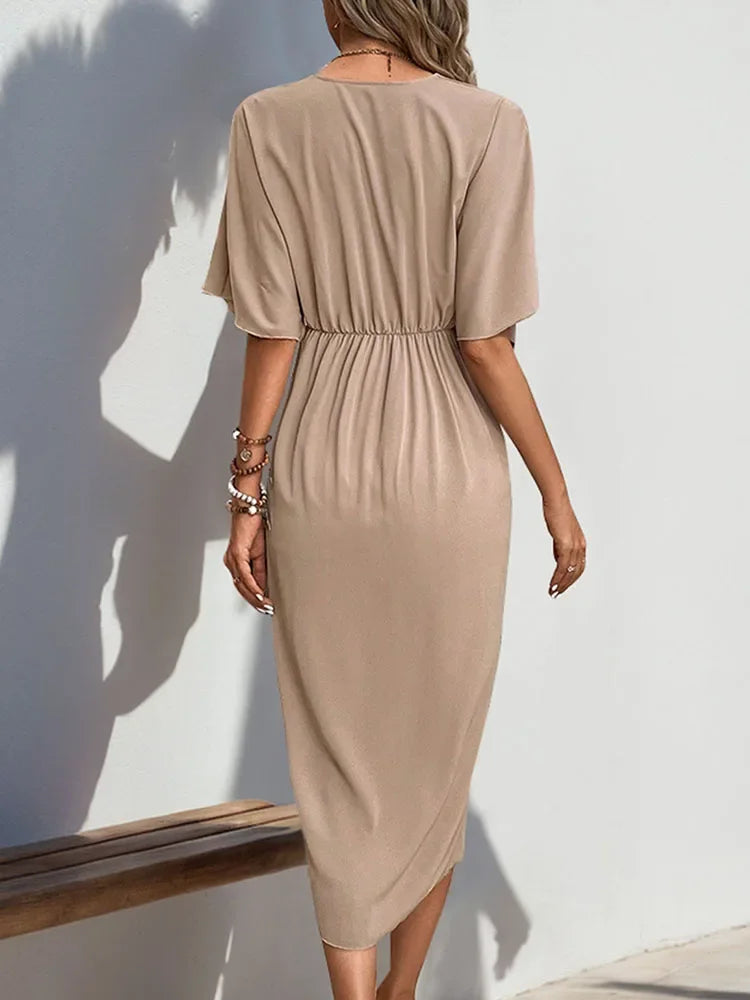 Vestido Midi Envelope Tubinho Decote v Franzido Lenogue