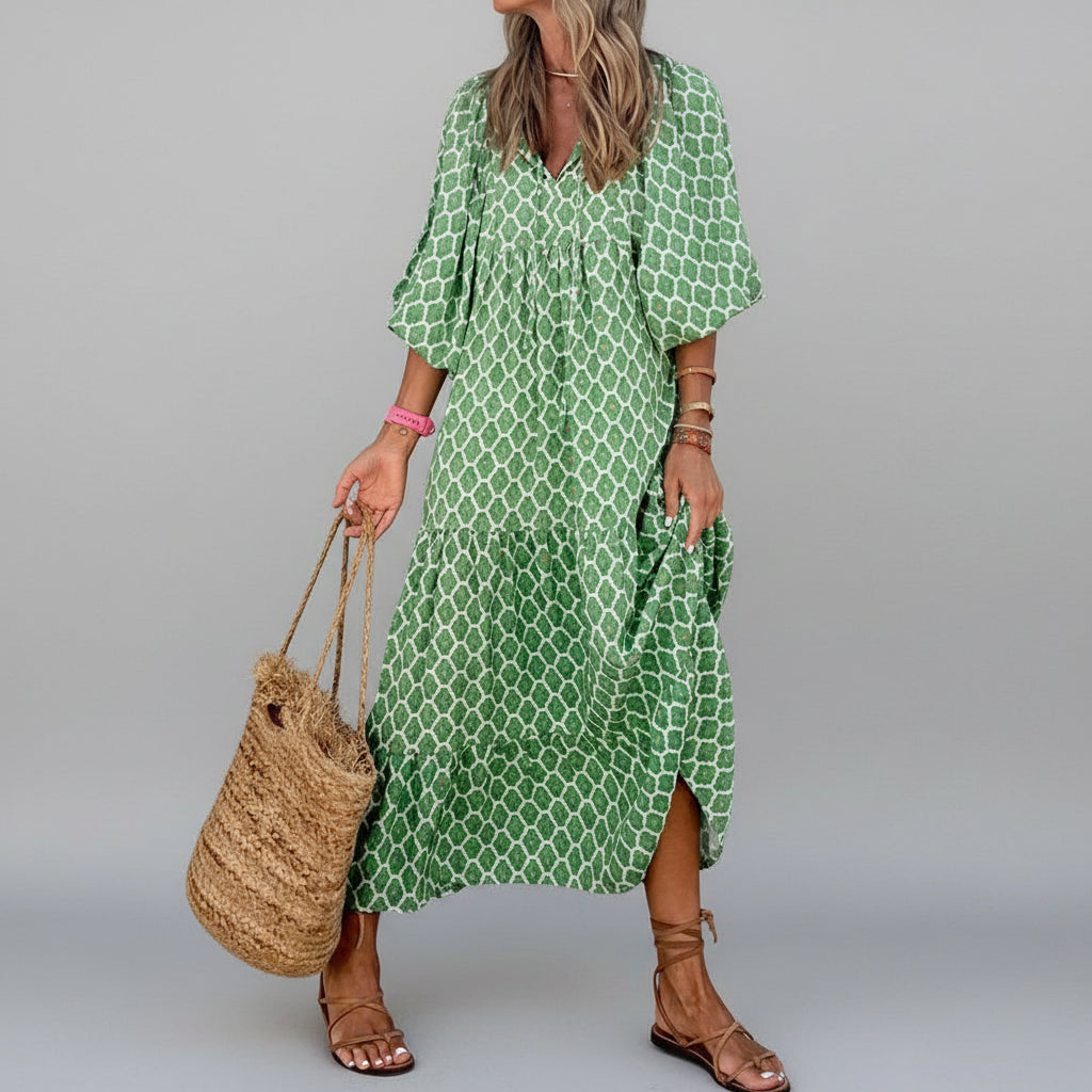 Vestido Midi Estampado Boho Decote v Manga Curta Lenogue Verde / p