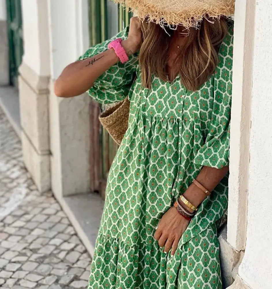 Vestido Midi Estampado Boho Decote v Manga Curta Lenogue