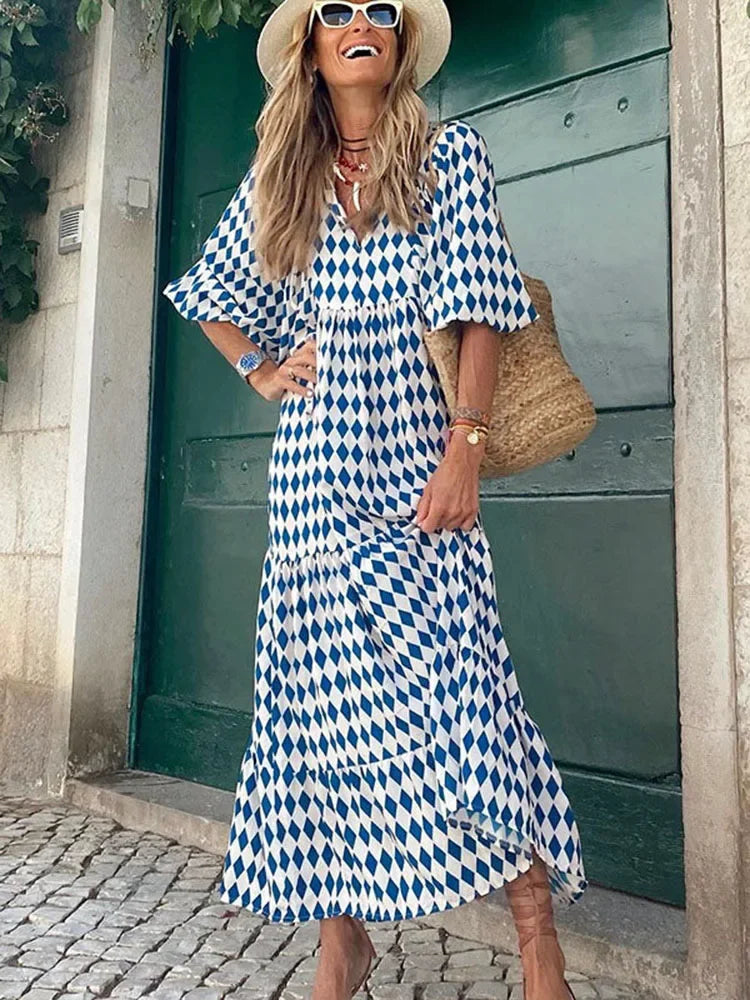 Vestido Midi Estampado Boho Decote v Manga Curta Lenogue Azul / p