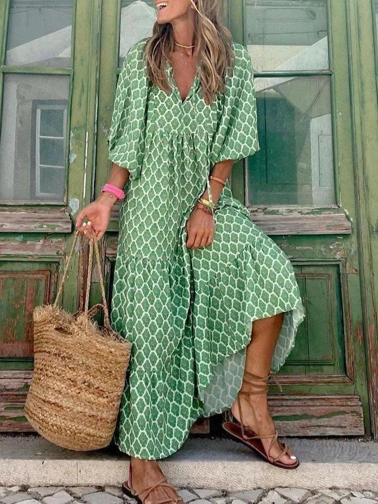 Vestido Midi Estampado Boho Decote v Manga Curta Lenogue Verde / p