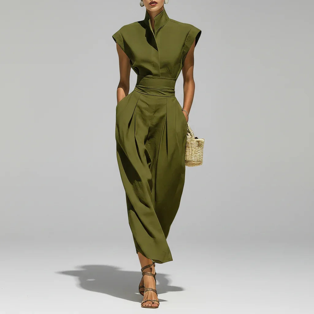 Vestido Midi Gola Alta Plissado Slim Bolsos Cintura Chic Lenogue Verde / p