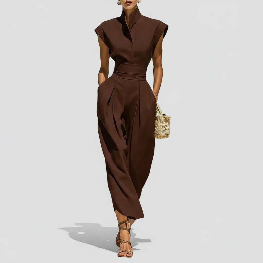 Vestido Midi Gola Alta Plissado Slim Bolsos Cintura Chic Lenogue Marrom / p