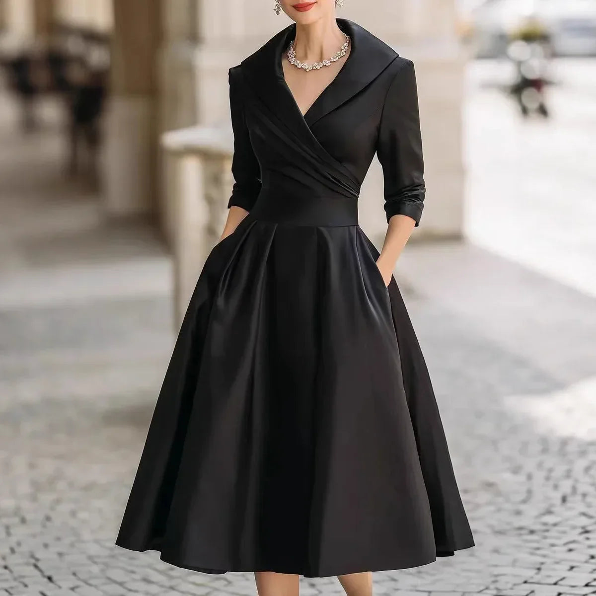 Vestido Midi Gola Lapela Cintura Marcada Manga Três Quartos Lenogue