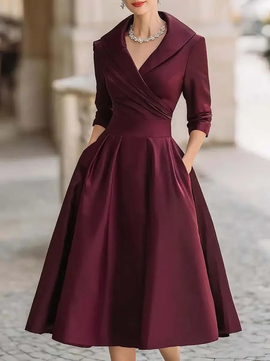 Vestido Midi Gola Lapela Cintura Marcada Manga Três Quartos Lenogue
