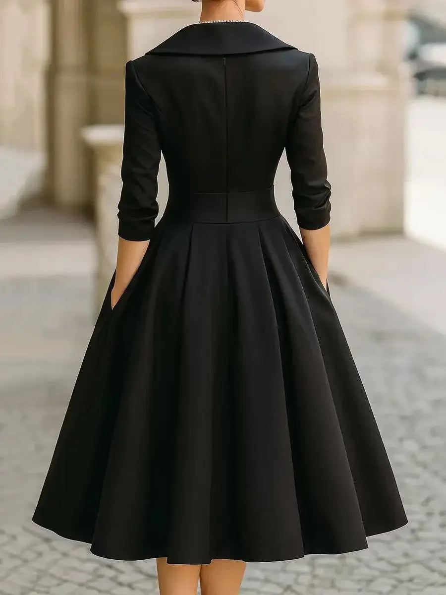 Vestido Midi Gola Lapela Cintura Marcada Manga Três Quartos Lenogue