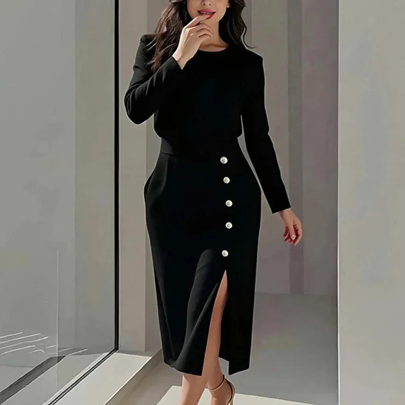 Vestido Midi Gola Redonda Manga Longa com Botões Fenda Lenogue