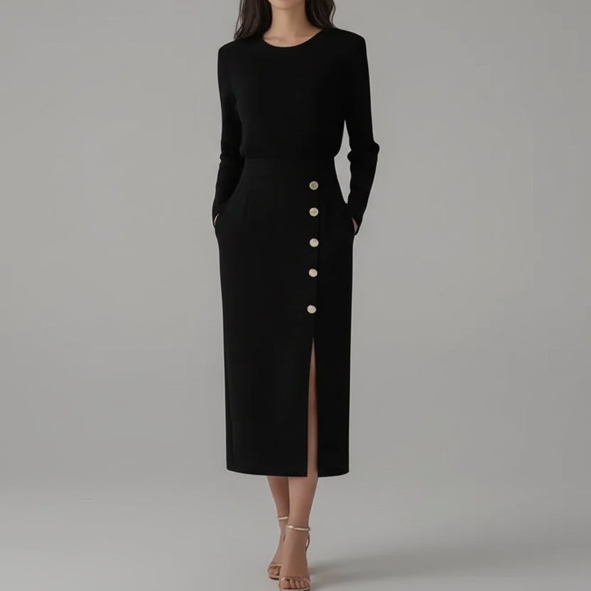 Vestido Midi Gola Redonda Manga Longa com Botões Fenda Lenogue Preto / p