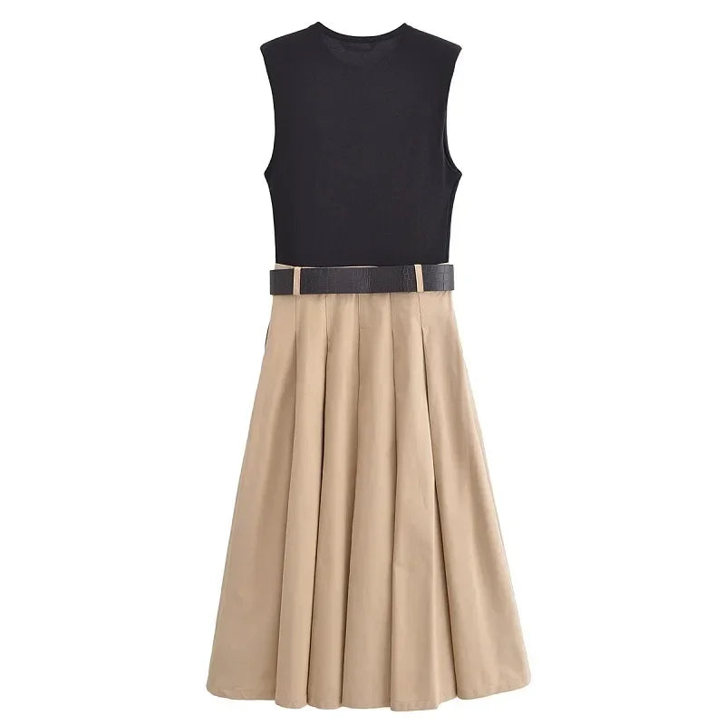 Vestido Midi Plissado em Tricot com Cinto para Festas Lenogue