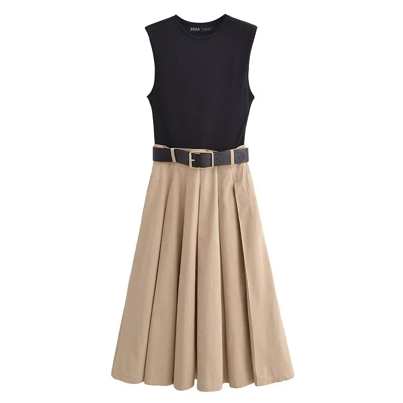 Vestido Midi Plissado em Tricot com Cinto para Festas Lenogue