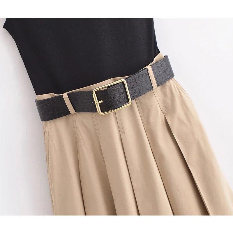 Vestido Midi Plissado em Tricot com Cinto para Festas Lenogue