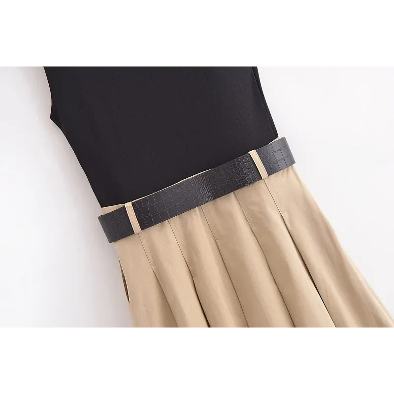 Vestido Midi Plissado em Tricot com Cinto para Festas Lenogue